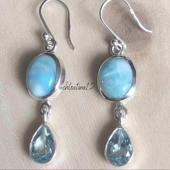 New Genuine Larimar / Blue Topaz / 925 Sterling Silver Earrings Larimar Earrings - Picture 2 of 10